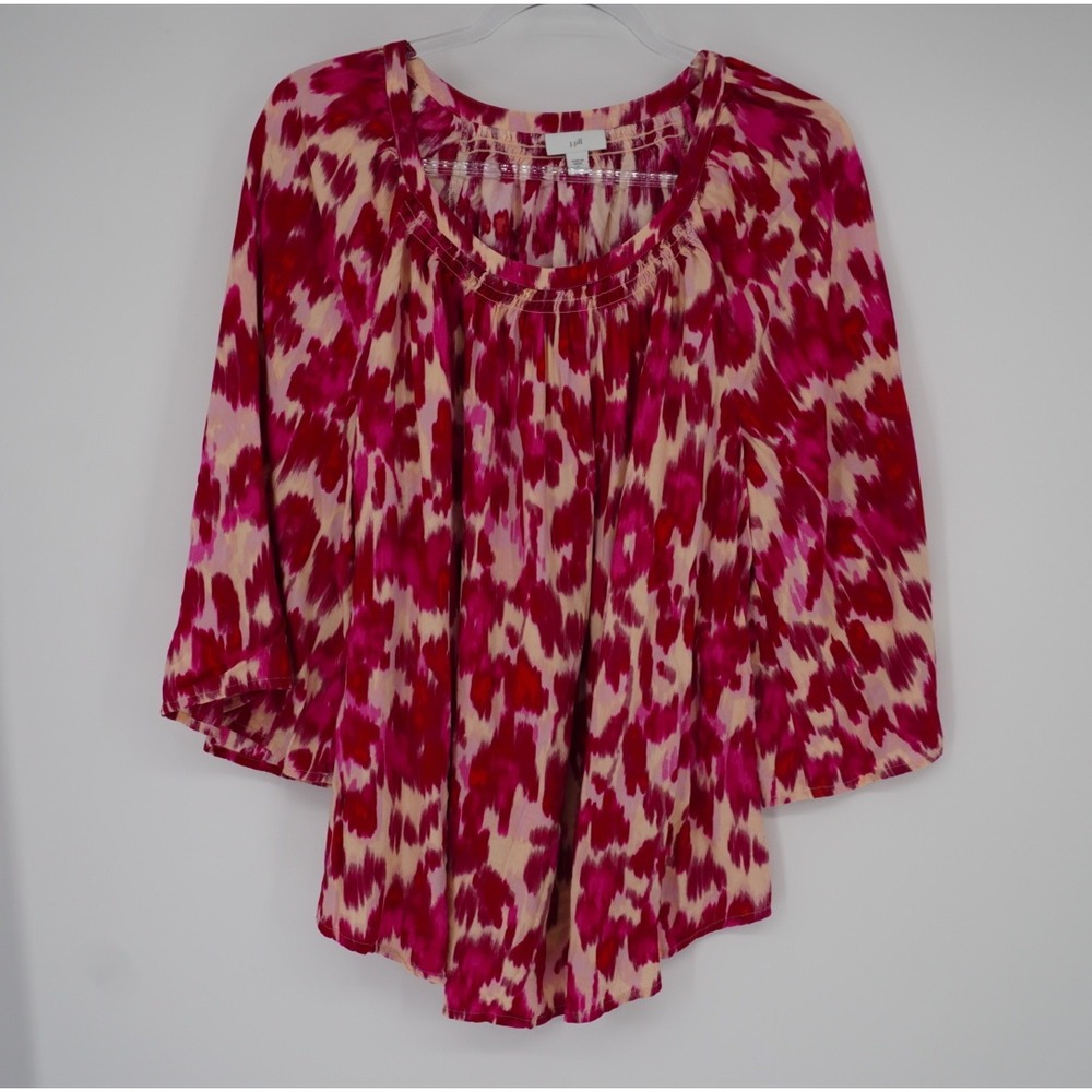 J. Jill Pink Magenta Ikat Print Smocked Neck 3/4 Bell Sleeve‎ Viscose Blouse XL